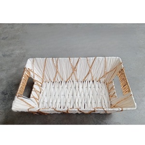 Handcrafted Round Natural Rattan Storage <b>Basket</b> White Paper Straw Woven <b>Tray</b> Gold Accent Fruit Bread Gift Hampers Rattan <b>Basket</b> - Product Image 4