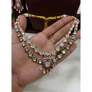 Deepti Moissanite Double Layer Gold Plated <b>Bridal</b> <b>Necklace</b> & <b>Earring</b> <b>Set</b> - Product Image 2