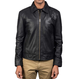 Men's Genuine Leather Jacket Turn-down Collar Zipper Closure Regular Fit Solid Color Autumn Wear Casual Style - Product Image 1