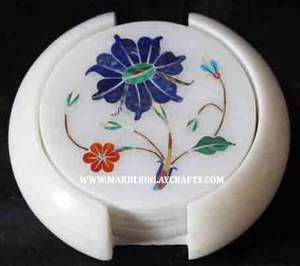 Ensemble de dessous-de-verre en marbre blanc naturel de forme ronde, marbre blanc pur, beau design incrusté de fleurs, pour la décoration de la maison et de l'hôtel - Product Image 2