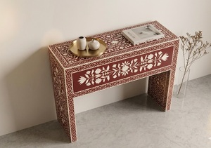 Table console en bois avec incrustations de os, fabrication artisanale indienne, rouge antique, pour entrée, hall, salon, table d'appoint - Product Image 3