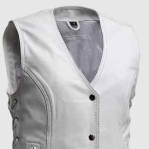 Gilet en cuir blanc de luxe avec logo personnalisé, design original, nouveau style, vêtements de motard, gilet en cuir pour vente en ligne. - Product Image 3