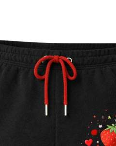 Shorts en molleton de coton noir pour femme, personnalisés par le fabricant, avec cordon de serrage rouge, imprimé fraises, décontractés, pour l'été, vêtements de détente tendance - Product Image 5