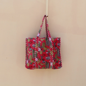 Sustainable Cotton Velvet RedTote <b>Bag</b> Cactus Floral Print Zipper Open Closure <b>Reusable</b> Shopping Travel Tote <b>Bag</b> - Product Image 1