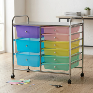 Rolling <b>Storage</b> Cart with 9 <b>Drawers</b> Chrome Frame Plastic Organizers for Office or Living Room Minimalist Design Easy Cleaning - Product Image 2