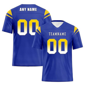 Camiseta de Fútbol Americano Personalizada Azul y Dorado Sublimada con Cuello en V, Manga Corta, Absorbente de Humedad, para Hombre Adulto, Nombre y Número del Equipo - Product Image 2
