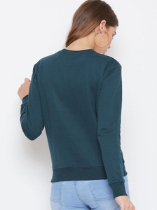 Sudadera de cuello redondo para mujer con estampado de ciervo blanco, top informal de invierno de algodón azul oscuro - Product Image 4
