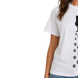 Camiseta extragrande con estampado gráfico de pata de gato negro minimalista para mujer, camiseta informal de manga corta con cuello redondo, camiseta de moda de verano - Product Image 2