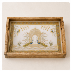 Plateau de service en bois artisanal de luxe avec miniature de paon gravée à l'or, décoratif, émaillé, résistant à l'eau - Product Image 4