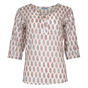 Haut Kurta mi-long rose et gris à motif floral sur fond blanc, haut indien pour femme, haut à col en V, manches courtes, imprimé floral pour femme - Product Image 2