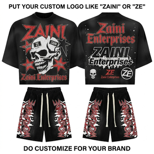250 GSM Heavyweight Cotton Single Jersey Oversized T Shirt Shorts <b>Set</b> Black Red White Graphic Style Custom Logo DTG Puff Print - Product Image 1