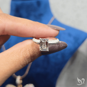 Micro pave band 2 CT emerald cut lab grown <b>diamond</b> <b>ring</b> in 10K white gold IGI certified modern engagement <b>ring</b> - Product Image 5