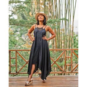 Vestido Maxi Asimétrico Bohemio Negro para Mujer, Vestido de Algodón sin Mangas con Tirantes Finos, Ropa de Verano para Vacaciones - Product Image 1