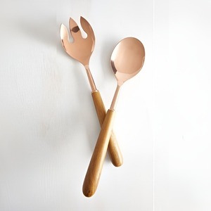 Ensemble de cuillères et fourchettes à salade en acier inoxydable avec manche en bois, 2 pièces, ustensiles de service pour la cuisine et la salle à manger - Product Image 1