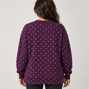 Women's Plum <b>Crewneck</b> Sweatshirt with Lilac Allover Polka Dots Long Sleeve Custom Logo - Product Image 2