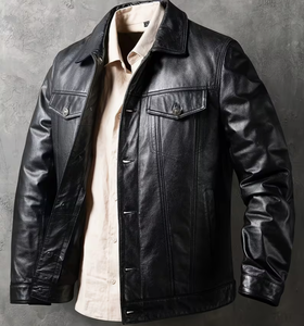 Veste moto en cuir véritable pour homme, col montant, fermeture éclair, coupe classique, style automne, couleur unie - Product Image 5