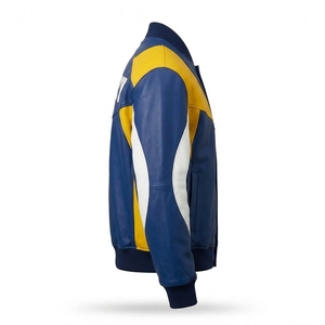 <b>Mens</b> Color Block Real Leather Varsity Bomber <b>Jacket</b> Snap Button Streetwear Blue <b>Yellow</b> Outerwear Supplier Manufacturer - Product Image 3