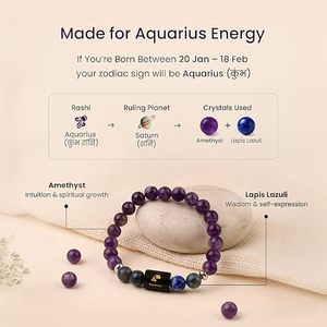 Bracelet en cristal premium du zodiaque Aquarius avec perles d'améthyste, étiquette en cuivre gravée d'un symbole sanskrit - Cadeau souvenir - Product Image 2