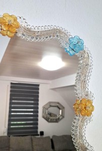 Handmade Murano Style <b>Mirror</b>, Blue Aqua Amber Floral Glass, Italian Vanity Wall Decor - Product Image 3