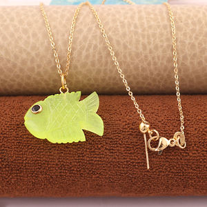 Artisan prehnite jade carved <b>fish</b> charm pendant jade black cz eye 18k gold plated brass adjustable necklace summer <b>gift</b> for her - Product Image 3