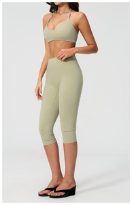 Seamless Olive Green 2 Piece Yoga Set Crew Neck <b>Crop</b> <b>Top</b> High Waist Knee Length Leggings Solid Color Stretch Fit - Product Image 2
