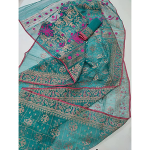 Sari traditionnel en coton Jamdani pour femmes, longueur au sol, style ethnique indien pakistanais, pour mariage, bleu avec motifs colorés - Product Image 3