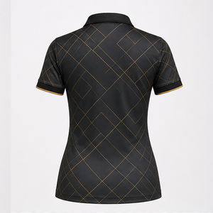 เสื้อโปโลแขนสั้นลายตารางเพชรสีดำทองสำหรับผู้หญิง พิมพ์ลายแบบซับลิเมชั่น แห้งเร็ว เหมาะสำหรับกีฬากอล์ฟ พร้อมโลโก้แบบกำหนดเอง - Product Image 2