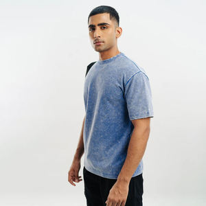 <b>Mens</b> Acid Wash <b>Blue</b> Crew Neck T-Shirt Short Sleeve Vintage Casual Summer Basic Top Custom Logo OEM ODM Wholesale Apparel - Product Image 2