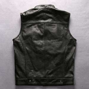 Gilet en cuir de mouton coupe-vent de haute qualité pour homme, col montant, fermeture éclair, style motard, avec logo frontal - Product Image 5