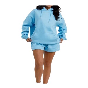 Ensemble 2 pièces en molleton bleu clair pour femme : sweat à capuche et short, coupe décontractée, couleur unie, tenue quotidienne, idéal pour le printemps - Product Image 3