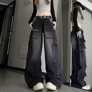 Mid Waist Stonewashed Cargo Jeans Plus Size Women Loose Fit Knee Length Polyester Summer <b>Y2K</b> <b>Streetwear</b> with Pockets - Product Image 4