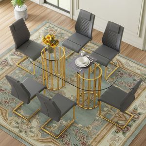 Tavolo da Pranzo Ovale di Lusso in Vetro Temperato da 71 Pollici Grigio Scuro con Set di Sedie in PU di Alta Qualità e Doppia Colonna Dorata Confortevole - Product Image 1