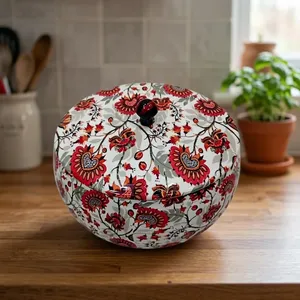 Wood Handcrafted Salad Bowl with Lid Floral Print <b>Red</b> White Round Serving Kitchen Decor <b>Microwave</b> & Oven Safe From Uttarakhand - Product Image 3