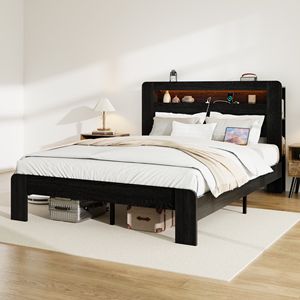 Letto Matrimoniale in Legno con Testiera Illuminata a LED e 2 Porte USB, Silenzioso, Senza Necessità di Rete a Doghe, con Vano Contenitore Integrato - Product Image 2