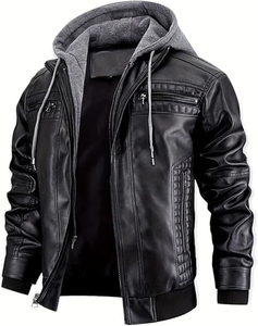 New Men's Faux <b>Leather</b> <b>Jacket</b> Motorcycle Biker <b>Jackets</b> Waterproof Windproof Genuine <b>Leather</b> <b>Jacket</b> with Removable Hood - Product Image 3
