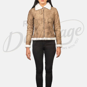 Chaqueta de aviador de cuero genuino desgastado color canela para mujer, con ribete de piel sintética blanca, corte ajustado, piel de oveja premium, abrigo de invierno estilo motero - Product Image 4