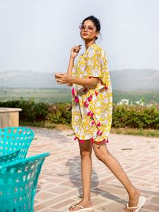 Jolie robe caftan écologique Sunshine bloc à la main imprimé 100% coton col en v à fleurs coupe ample taille naturelle haut d'été - Product Image 3