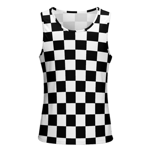 Men's Black White <b>Checkered</b> Sleeveless Tank <b>Top</b> O-Neck Breathable Knitted Printed Casual Sporty Fit - Product Image 1