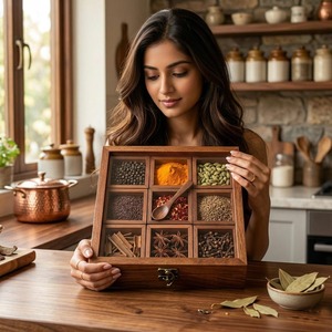 Organizador de especias redondo de madera de alta demanda con tapa de vidrio transparente para guardar hierbas, masala y frutos secos en venta. - Product Image 1