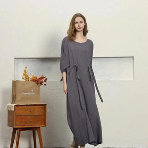 Boho Chic Plain Grey Cotton Linen Maxi <b>Dress</b> O-neck 3/4 Sleeve <b>Loose</b> Fit Tie Waist Summer Casual <b>Dress</b> For Women - Product Image 3