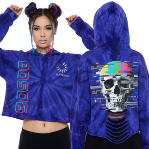 Crop <b>Top</b> 350GSM <b>Peach</b> Tie Dye Hoodie Women Custom Wave Skull Graphic Sun Print Raw Edge Short Sweatshirt Summer Beachwear - Product Image 2