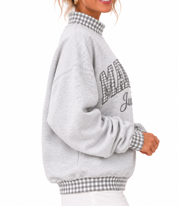 Custom Logo Women’s Mockneck Sweatshirt Oversized Plaid Color Block <b>Letter</b> <b>Applique</b> Vintage Casual Pullover - Product Image 2