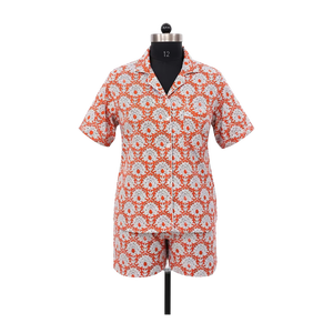 ชุดนอนสั้นลายดอกสีส้มพิมพ์ลายด้วยมือสำหรับผู้หญิง เสื้อแขนสั้นผ้าฝ้าย กางเกงขาสั้น ชุดลำลอง งานฝีมือชิ้นเอก - Product Image 1