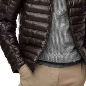 Veste matelassée en cuir véritable pour homme, best-seller, personnalisée, pour l'hiver, avec col montant, imperméable et coupe-vent, style streetwear - Product Image 2