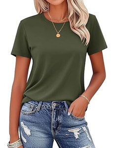 T-shirt à manches courtes col rond orange pour femme, couleur unie, jersey décontracté en coton, haut pour le printemps et l'été - Product Image 2