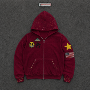 Sudadera con capucha y cremallera para hombre, color granate, con estampado de dibujos animados, estilo urbano, de forro polar, con bolsillo y parche de bandera estadounidense, en oferta. - Product Image 5