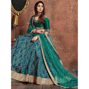 Green Embroidered Silk A-Line Plus Size Bridesmaid <b>Lehenga</b> Choli with Ruffles - Product Image 5