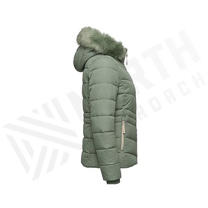 Hooded Quilted Jacket Women Winter Green Fur Trim Full Sleeve Windproof Polyester Filling Regular Length Zipper Closure - Product Image 3