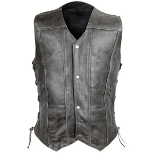 Gilet vintage pour homme en cuir gris vieilli, style motard western, col rond, fermeture boutonnée, lacets latéraux, ajustement réglable, automne - Product Image 6