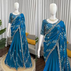 Women's New Tenncy Silk Designer Handwork Saree | Wedding Diwali Party Ethnic <b>Ankle</b>-Length Stretchable Wrinkle-Free Reversible - Product Image 2